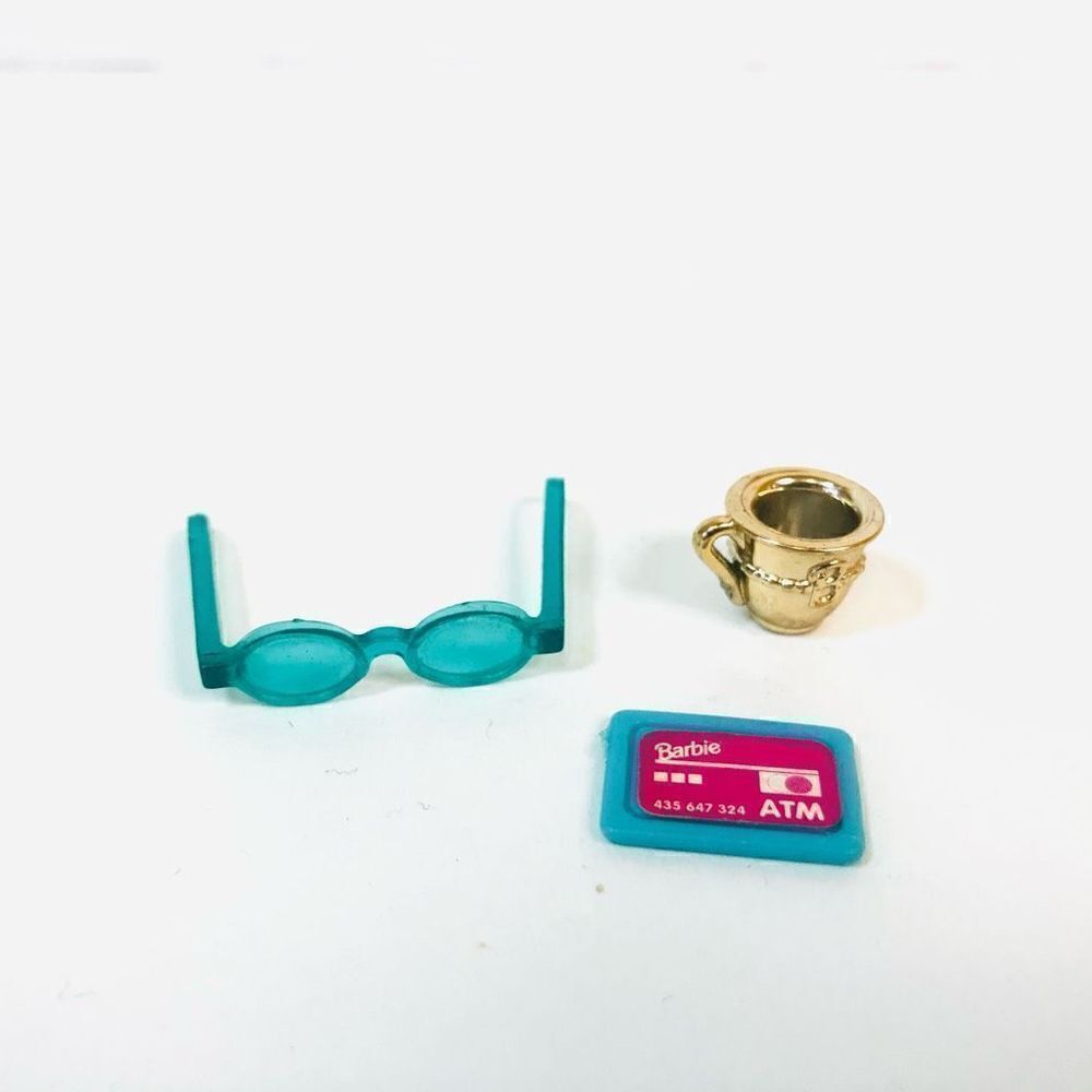 barbie accessories atm card, blue sunglasses, gold cup mug mattel miniature